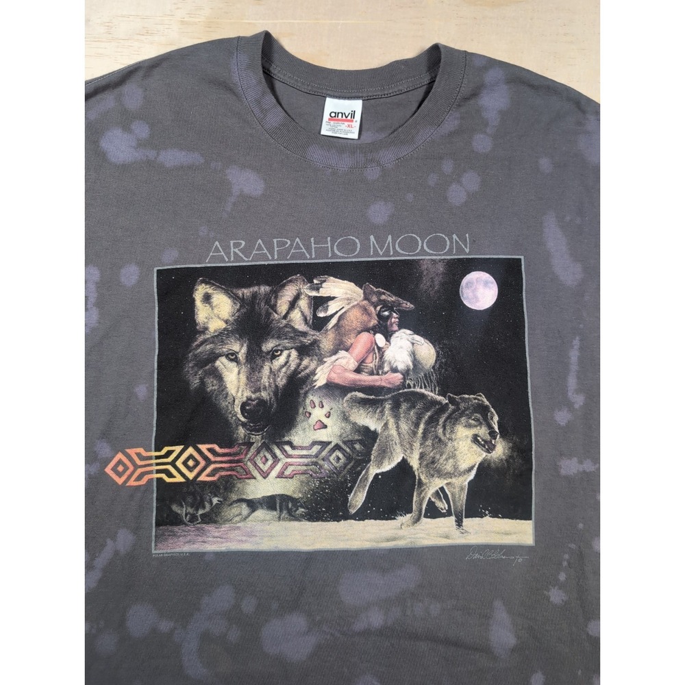 Vintage Anvil Y2k Splatter Wolf Arapaho Moon Native American Graphics T-Shirt XL